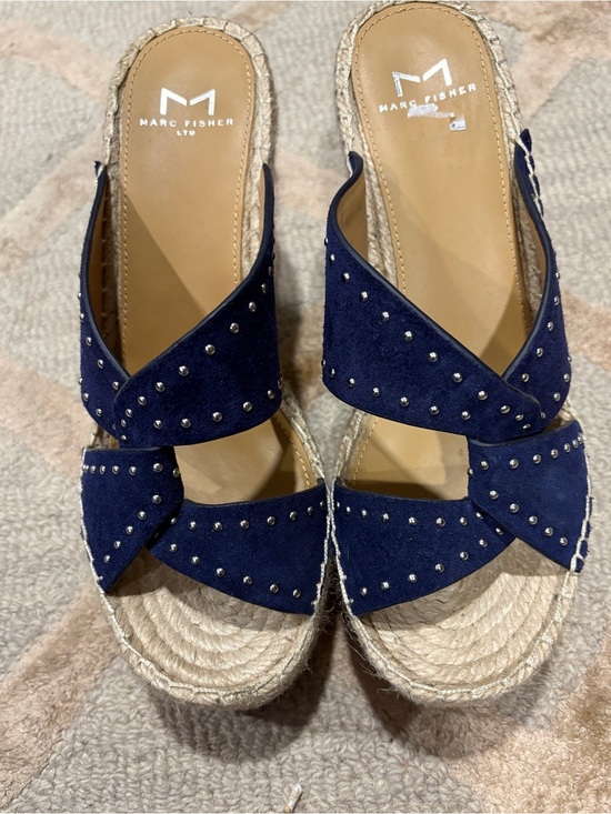 Marc Fisher Shoes - Marc Fisher Navy Studded Crisscross Espadrille Wedges